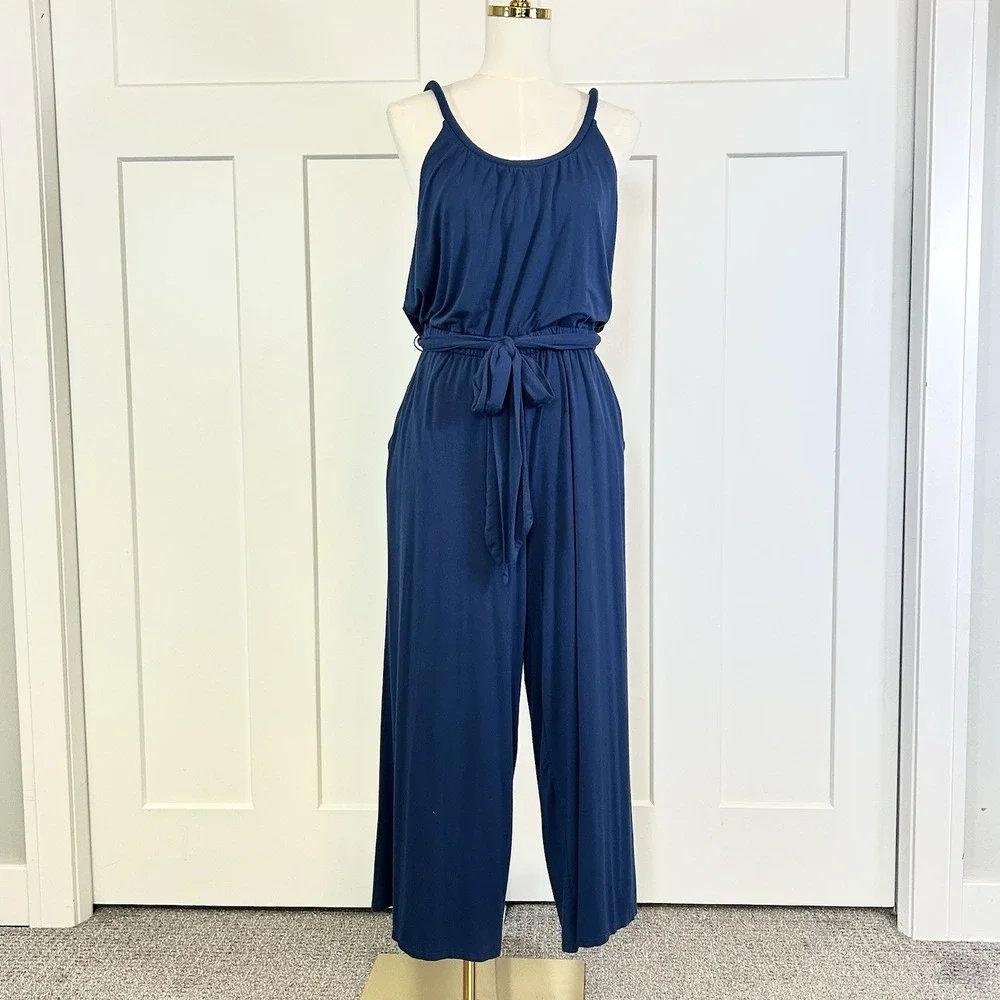 LOFT Blue Wide Leg Jumpsuit Women's LARGE Elastic Waist Pockets Strappy Back - Picture 2 of 11